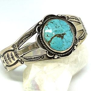 Vintage Navajo Sterling Silver Cuff Bracelet with Genuine Turquoise OOAK